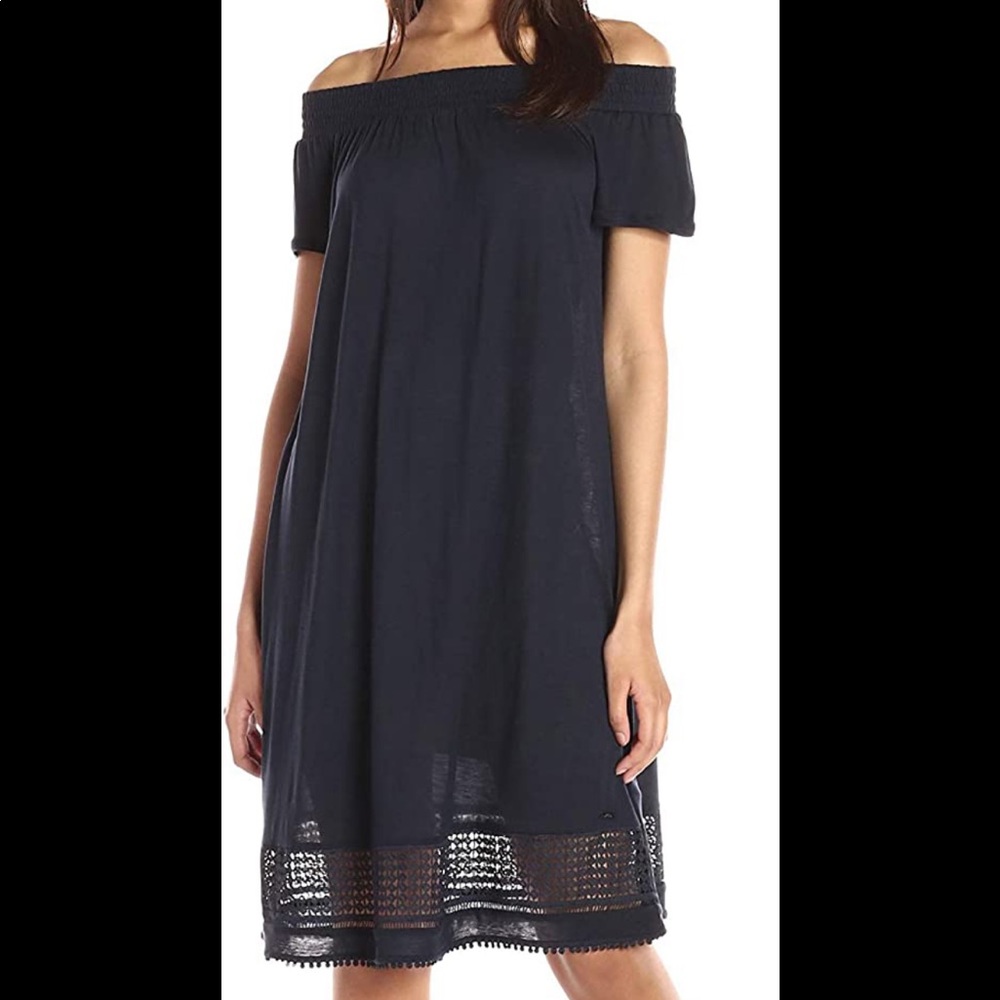 Armani Exchange Off the Shoulder Eyelet Knee Length Dress XS-Navy Blue NWT 🪶
